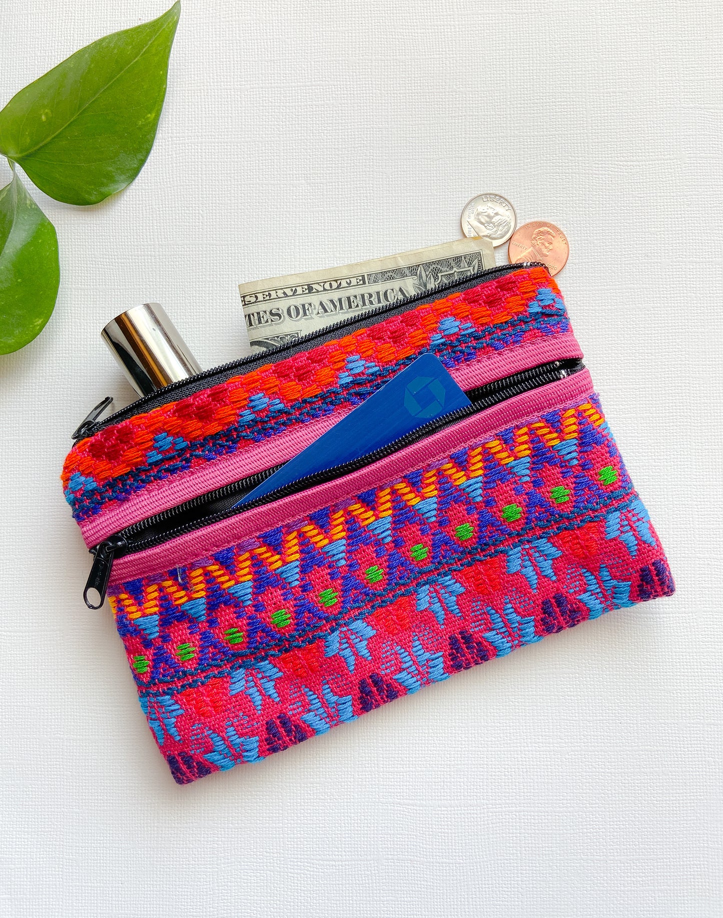 Handwoven 3-Zipper Coin Purse Pink