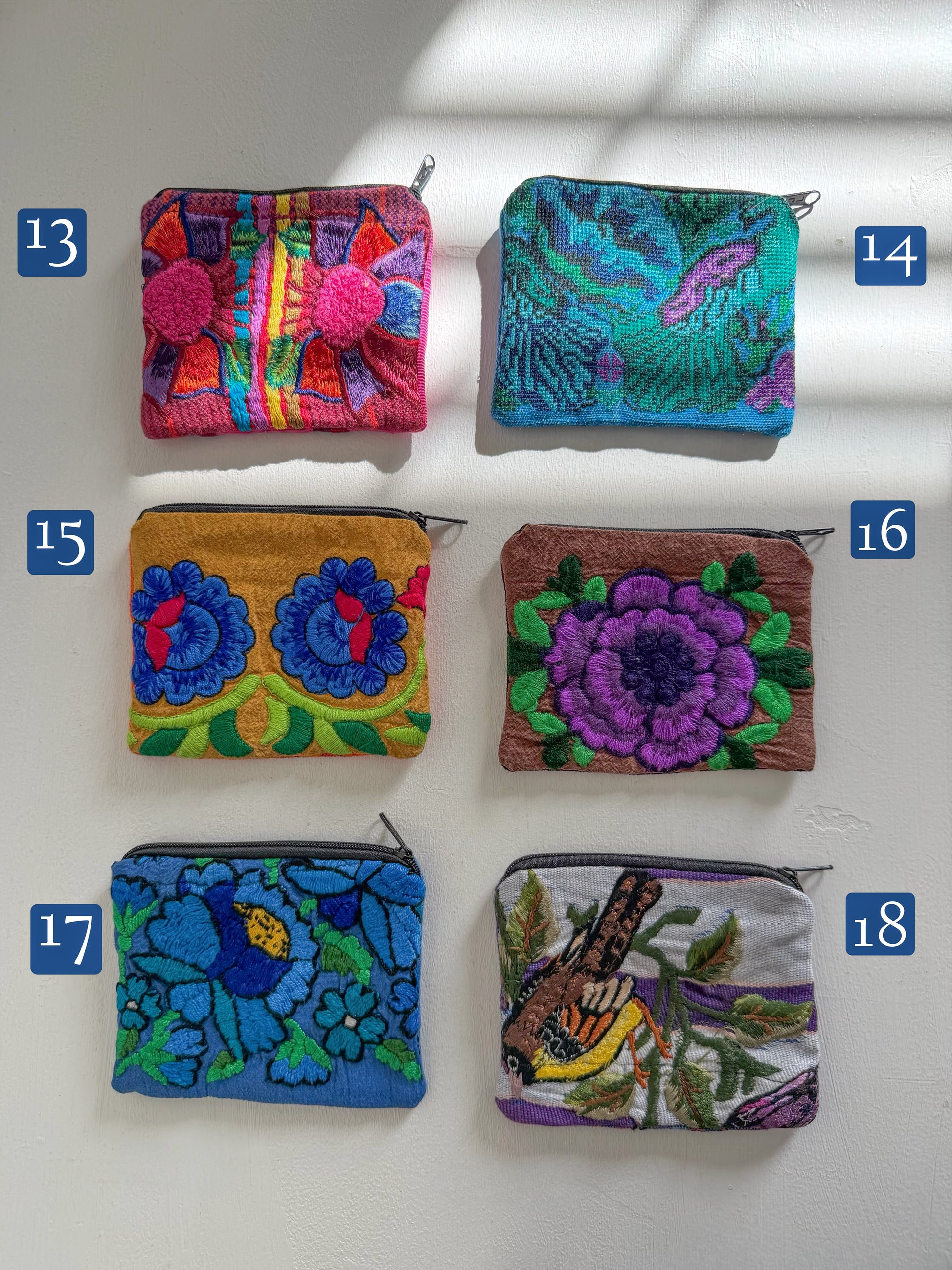 Set of colorful embroidered coin purses 