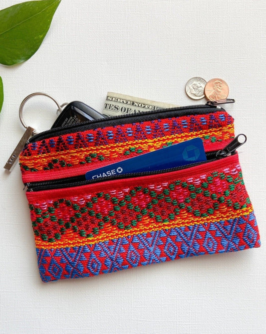 Handwoven 3-Zipper Coin Purse Red