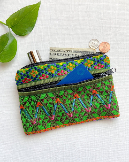 Handwoven 3-Zipper Coin Purse Green