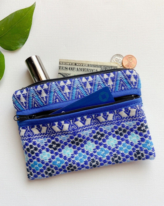 Handwoven 3-Zipper Coin Purse Blue